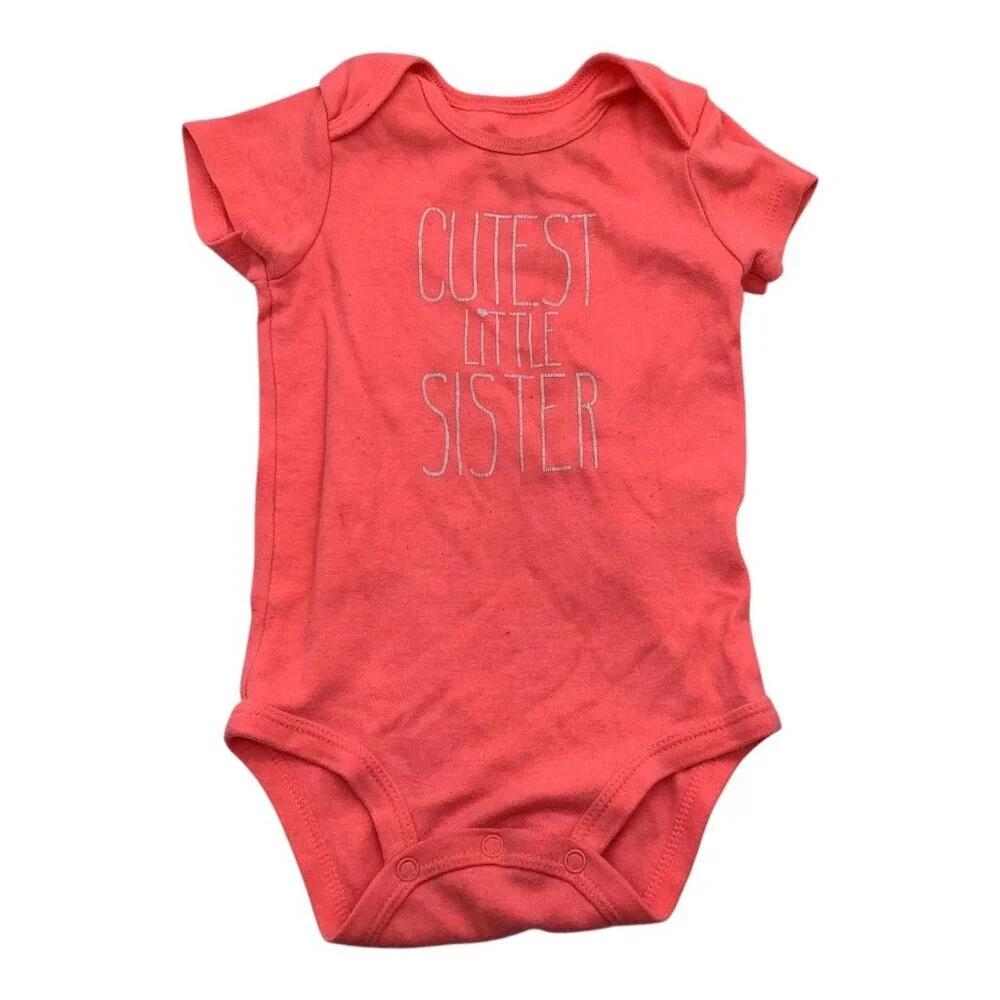 Carter's Baby Girls Bodysuit 12M Bright‎ Orange Coral Cutest Little Sister Tee
